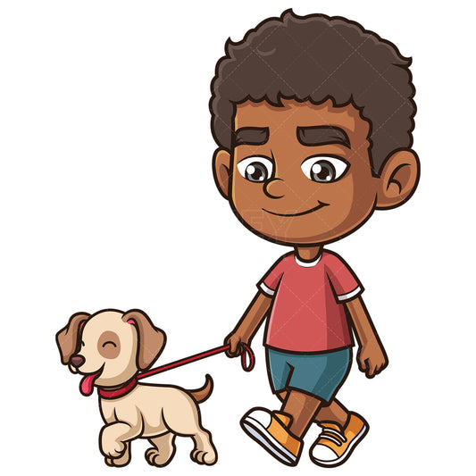 Royalty-free stock vector illustration of an african-american boy walking dog.