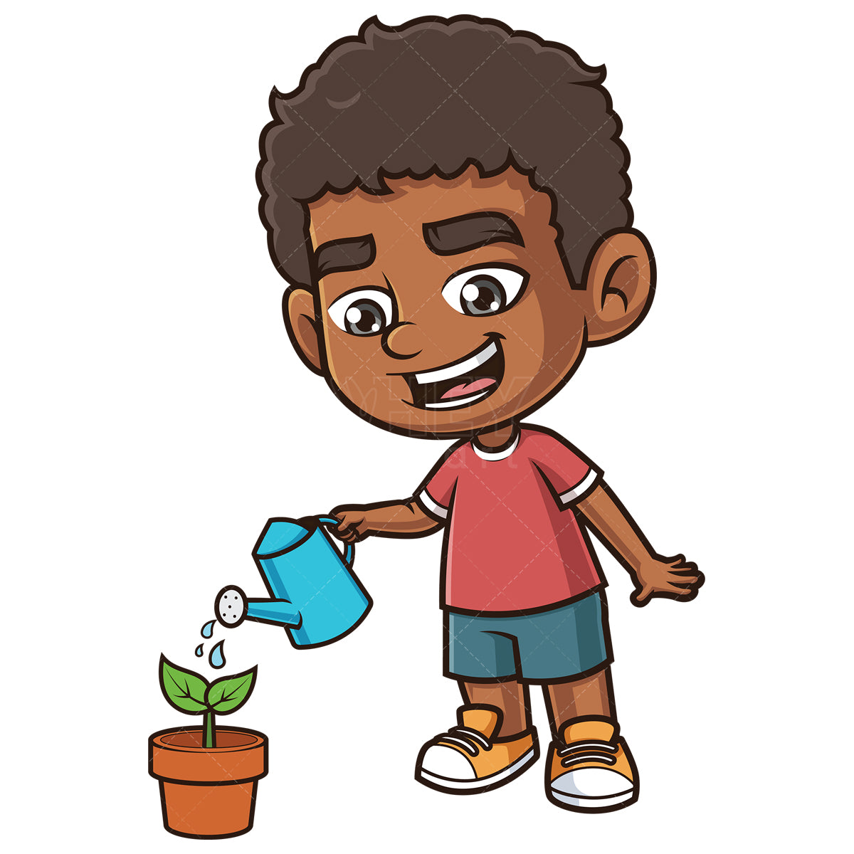 Royalty-free stock vector illustration of a african-american boy watering plant.