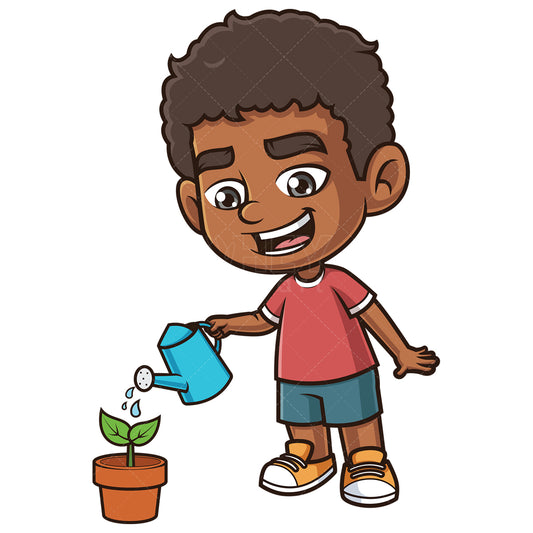 Royalty-free stock vector illustration of a african-american boy watering plant.