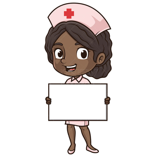 Royalty-free stock vector illustration of a african-american female nurse holding blank sign.