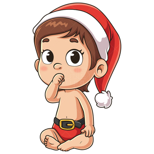 Royalty-free stock vector illustration of a baby girl santa sucking thumb.