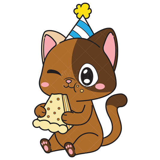 Royalty-free vector illustration of a birthday cat eating cake.