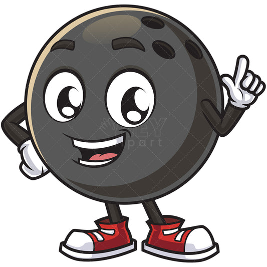 Royalty-free stock vector illustration of a bowling ball mascot pointing up.