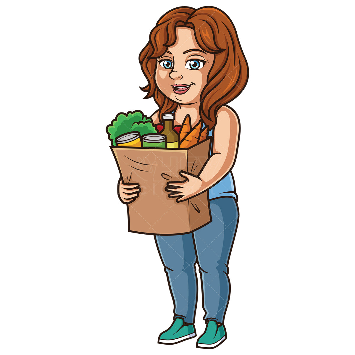 Royalty-free stock vector illustration of a chubby girl holding groceries.
