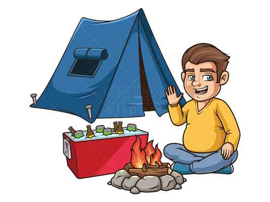 Royalty-free stock vector illustration of a chubby guy camping.