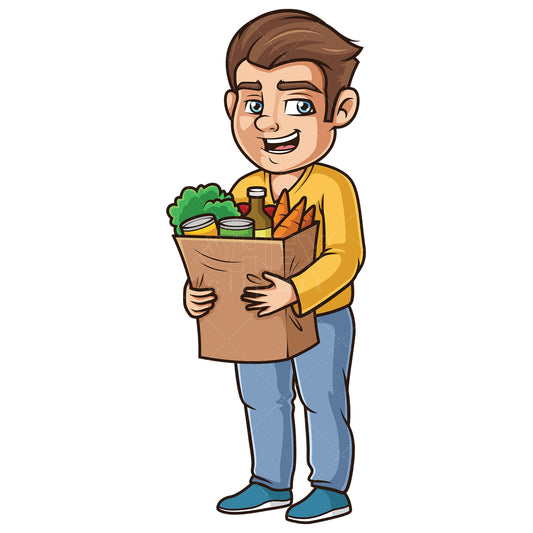 Royalty-free stock vector illustration of a chubby guy holding groceries.