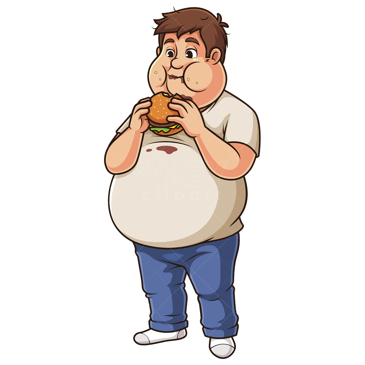 Royalty-free stock vector illustration of a chubby man eating hamburger.