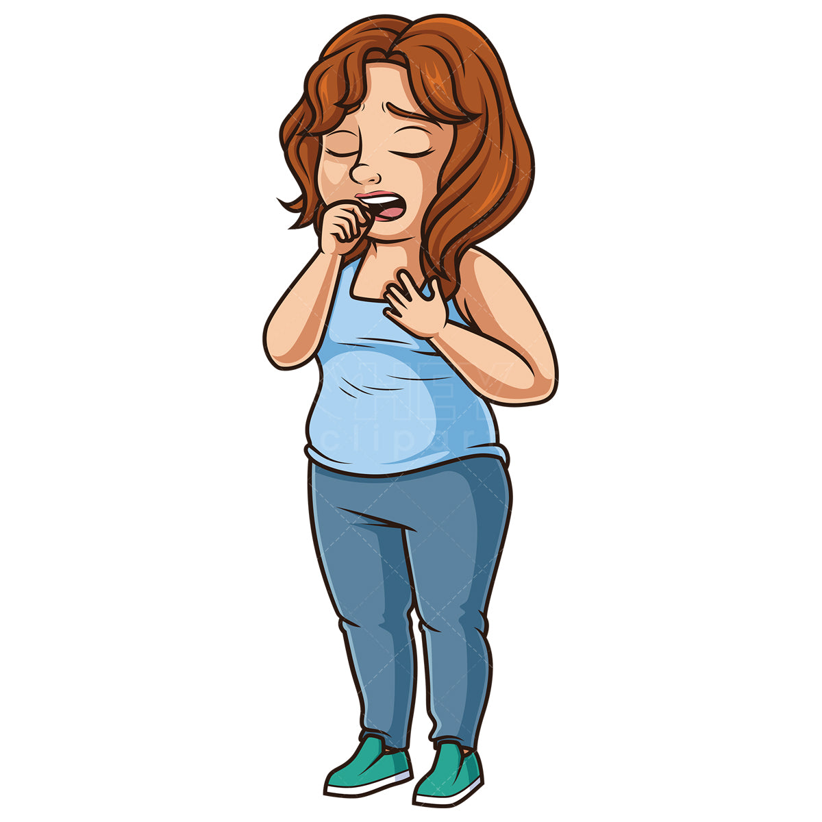 Royalty-free stock vector illustration of a chubby woman coughing.