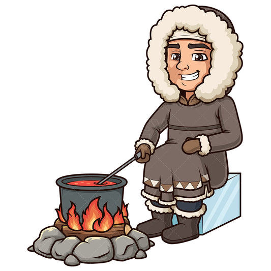 Royalty-free stock vector illustration of a inuit cooking on fire.