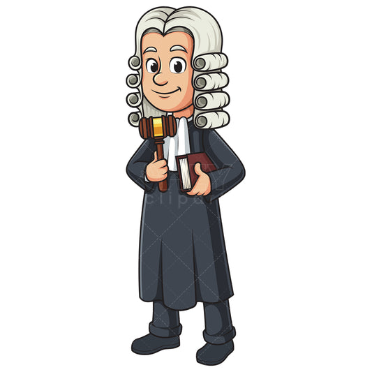 Royalty-free stock vector illustration of a judge holding gavel and book of law.