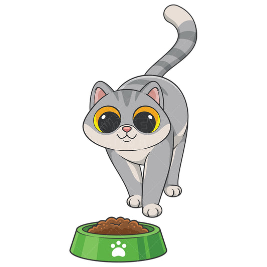 Royalty-free stock vector illustration of a kitty approaching bowl with cat food.