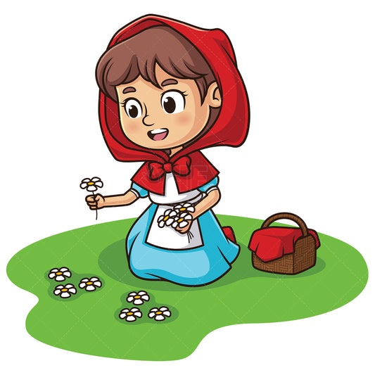 Royalty-free stock vector illustration of little red riding hood picking daisies.