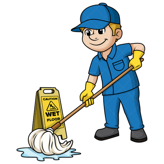 Royalty-free stock vector illustration of a man mopping the floor.