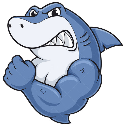 Royalty-free stock vector illustration of a muscular shark mascot.