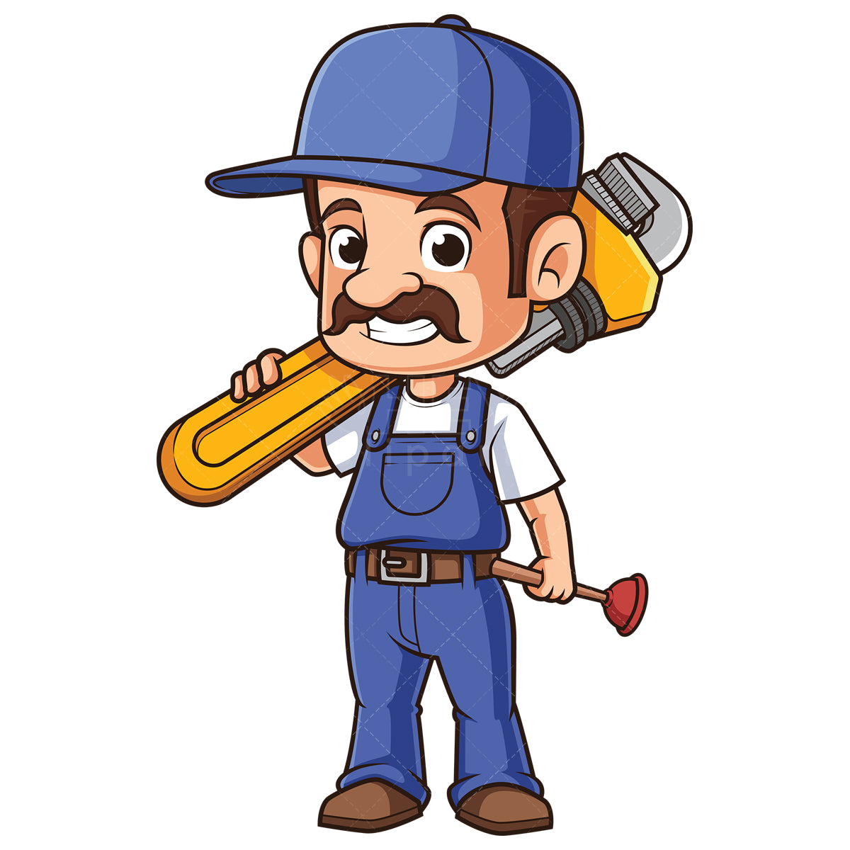 Royalty-free stock vector illustration of a plumber with wrench and plunger.