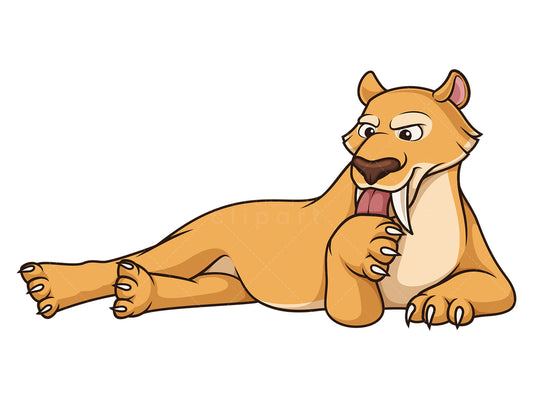 Royalty-free stock vector illustration of a saber tooth cat licking paw.