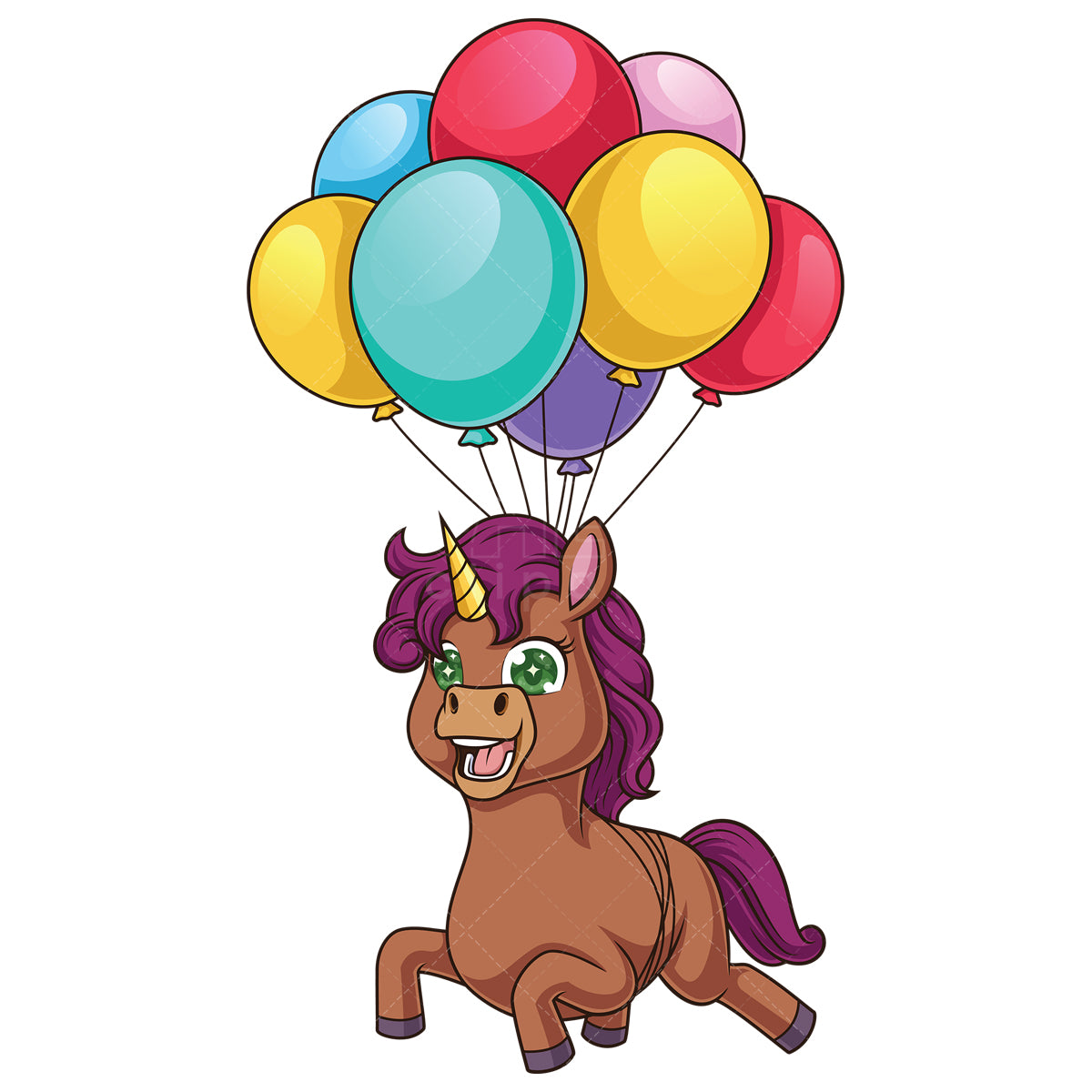 Royalty-free stock vector illustration of a unicorn flying with balloons.