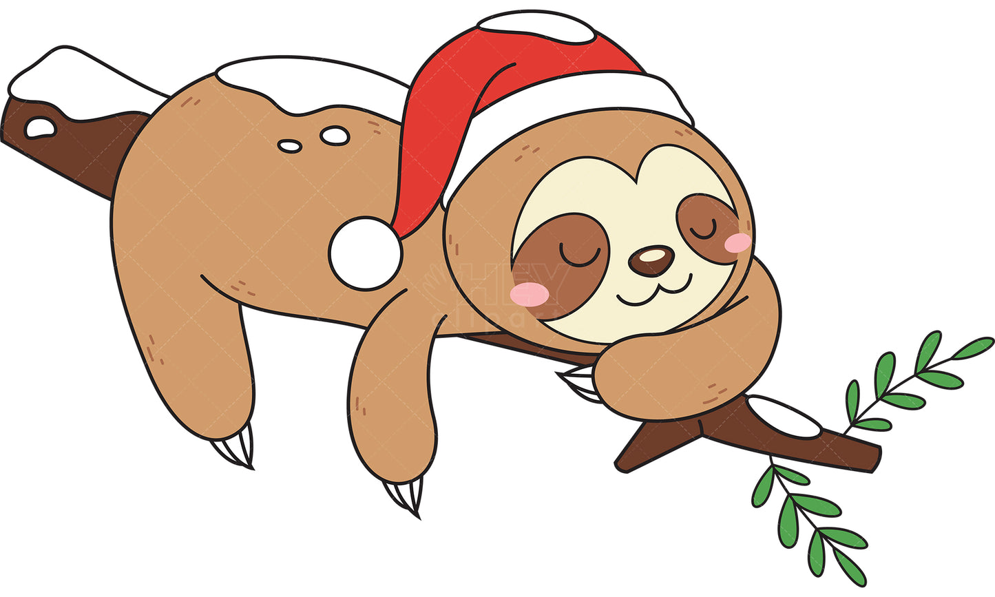 Royalty-free vector illustration of a xmas sloth sleeping on tree branch.