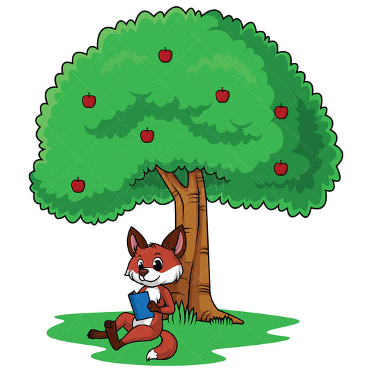 Royalty-free stock vector illustration of a fox under tree reading book.