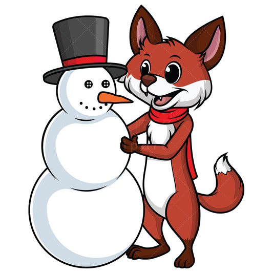 Royalty-free stock vector illustration of a fox building snowman.