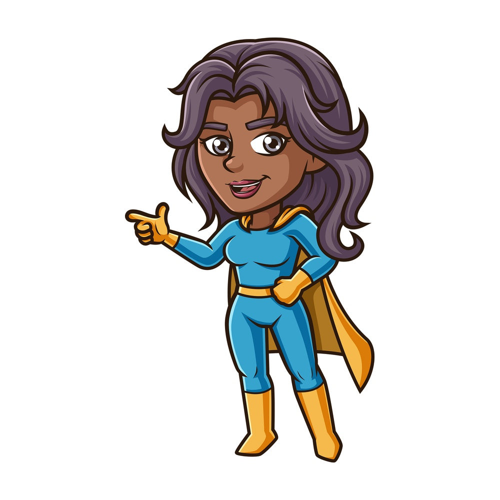 Female superhero pointing sideways. PNG - JPG and vector EPS (infinitely scalable).
