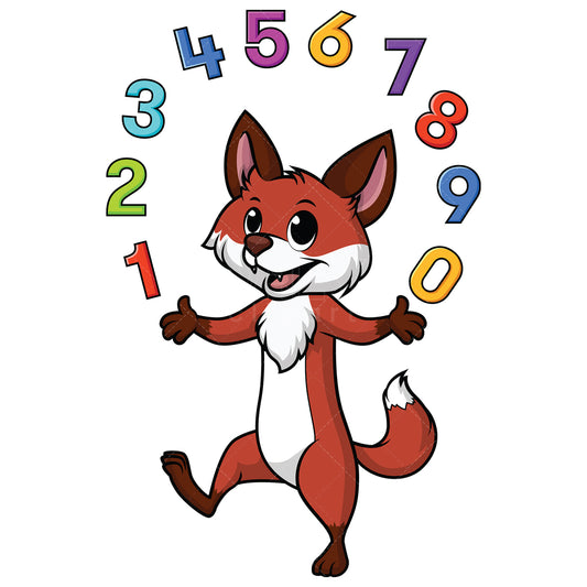 Royalty-free stock vector illustration of a fox juggling numbers.