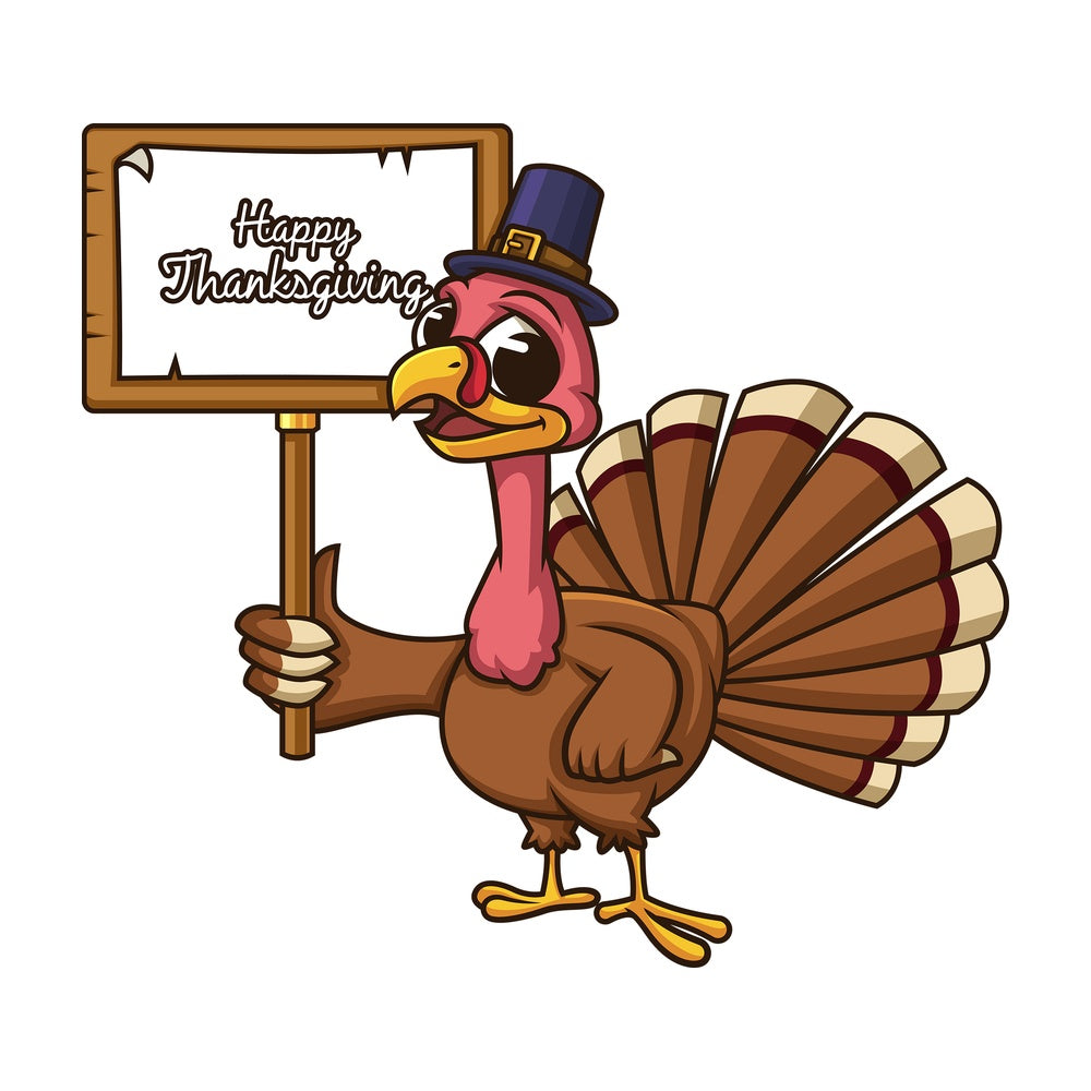Turkey with happy thanksgiving sign. PNG - JPG and vector EPS (infinitely scalable).