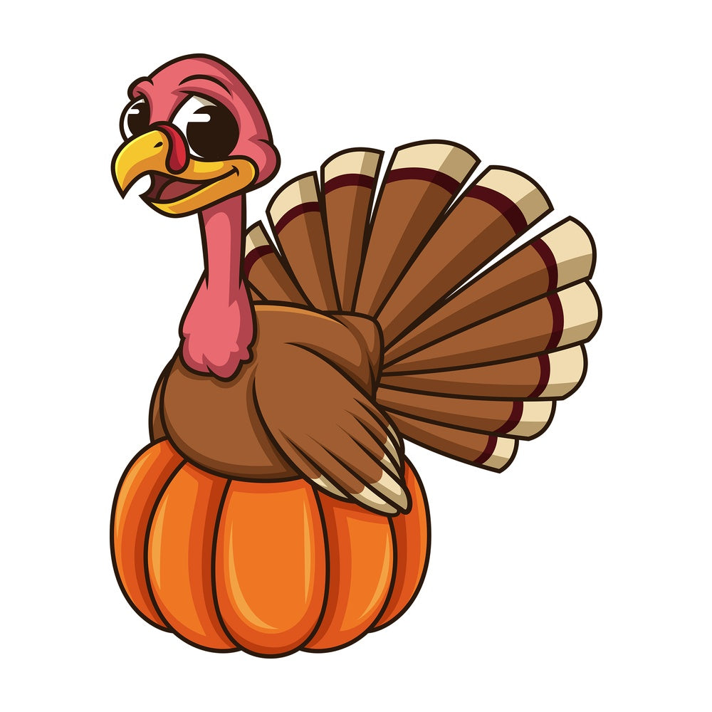 Turkey sitting on a pumpkin. PNG - JPG and vector EPS (infinitely scalable).
