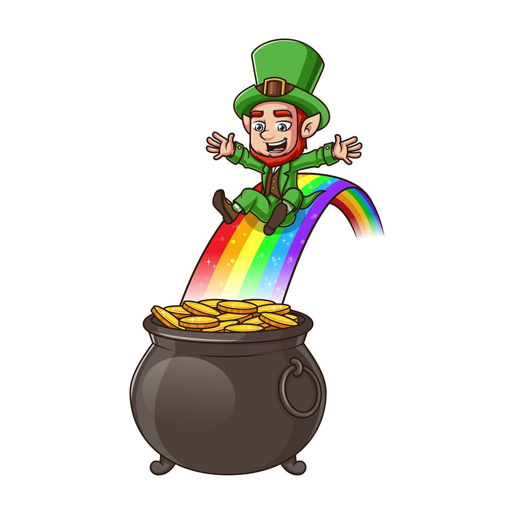 Leprechaun sliding into a pot of gold. PNG - JPG and vector EPS (infinitely scalable). Image isolated on transparent background.