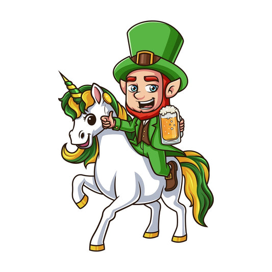 Leprechaun riding unicorn. PNG - JPG and vector EPS (infinitely scalable).