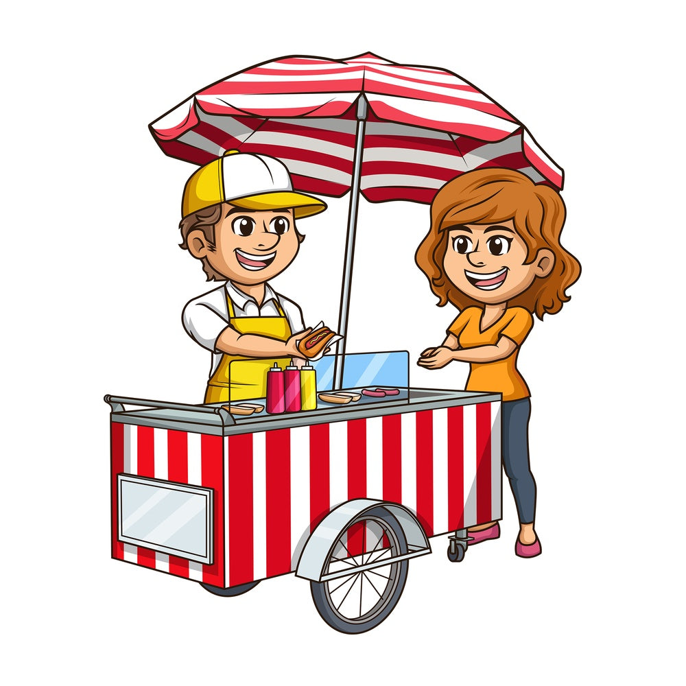 Man selling hot dog to woMan. PNG - JPG and vector EPS (infinitely scalable).