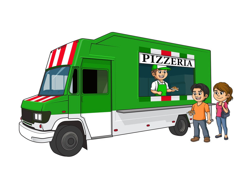 Pizza food truck with customers. PNG - JPG and vector EPS (infinitely scalable).
