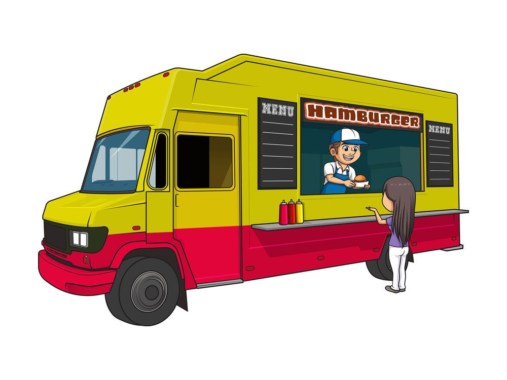 Hamburger food truck with customer. PNG - JPG and vector EPS (infinitely scalable).
