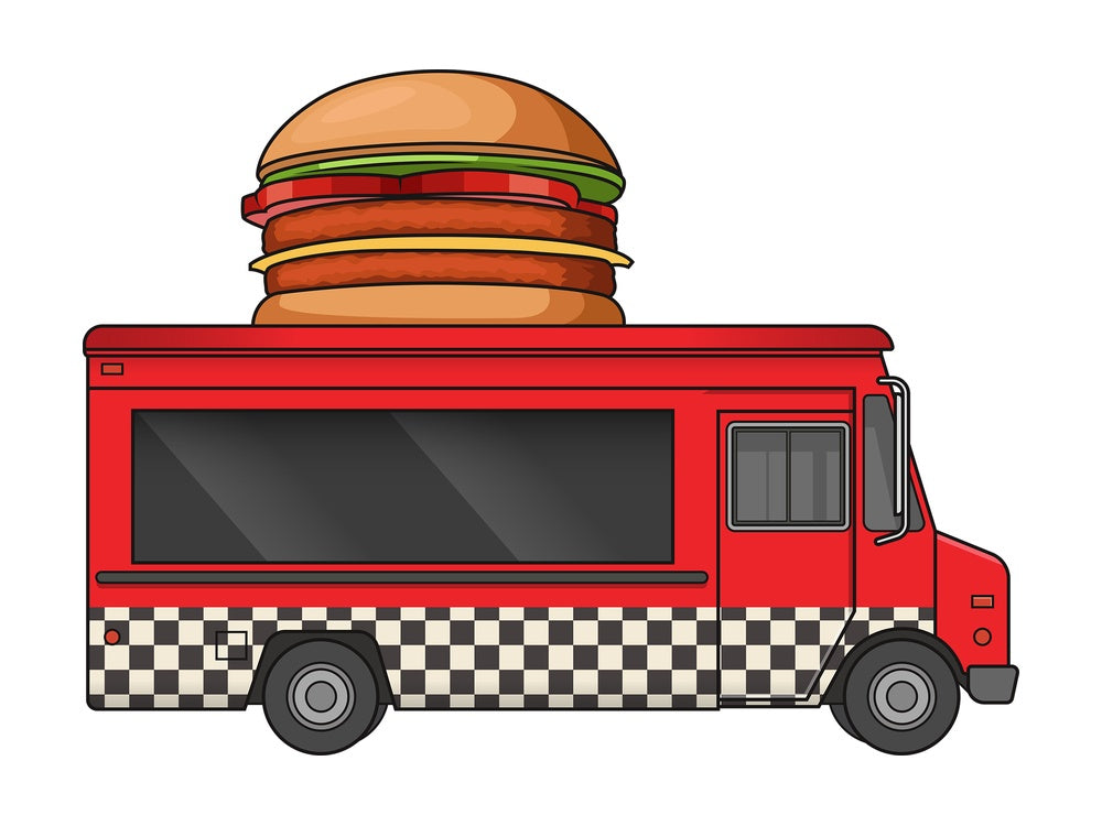 Hamburger food truck side view. PNG - JPG and vector EPS file formats (infinitely scalable). Image isolated on transparent background.