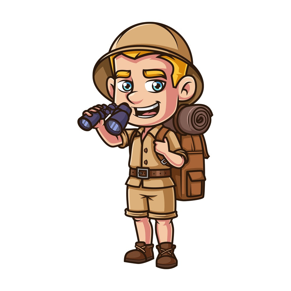 Safari explorer holding binoculars. PNG - JPG and vector EPS (infinitely scalable).