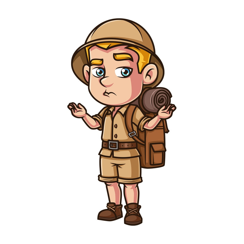 Male safari explorer shrugging. PNG - JPG and vector EPS (infinitely scalable).