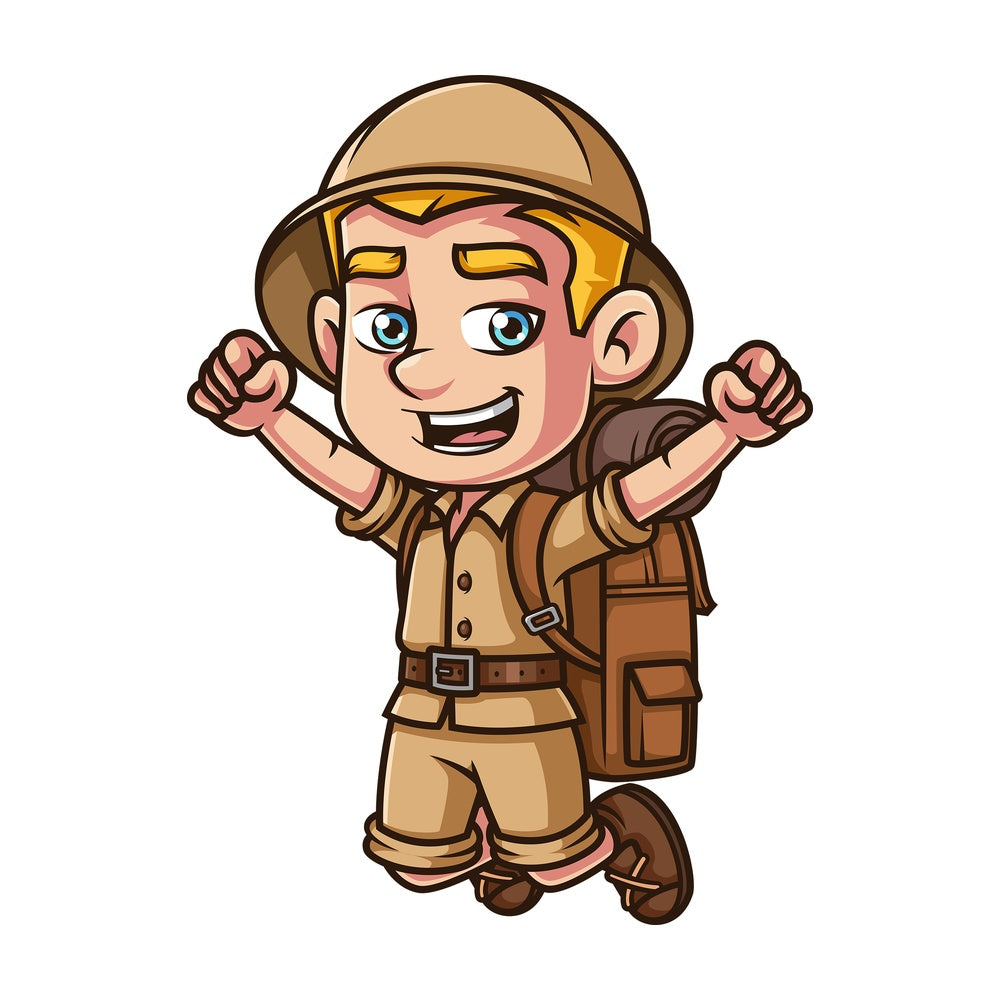 Happy male safari explorer cheering. PNG - JPG and vector EPS (infinitely scalable).