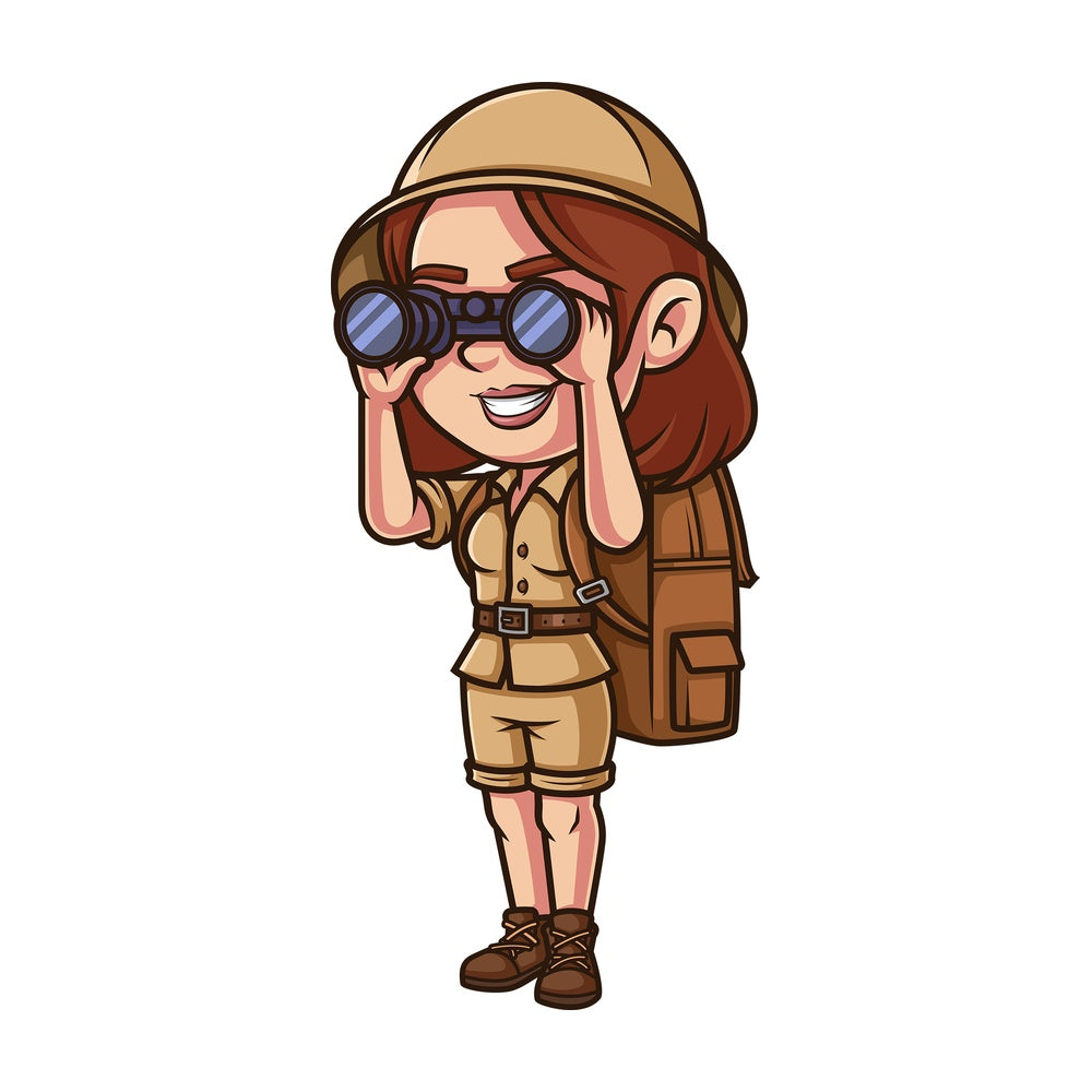Woman explorer using binoculars. PNG - JPG and vector EPS (infinitely scalable).