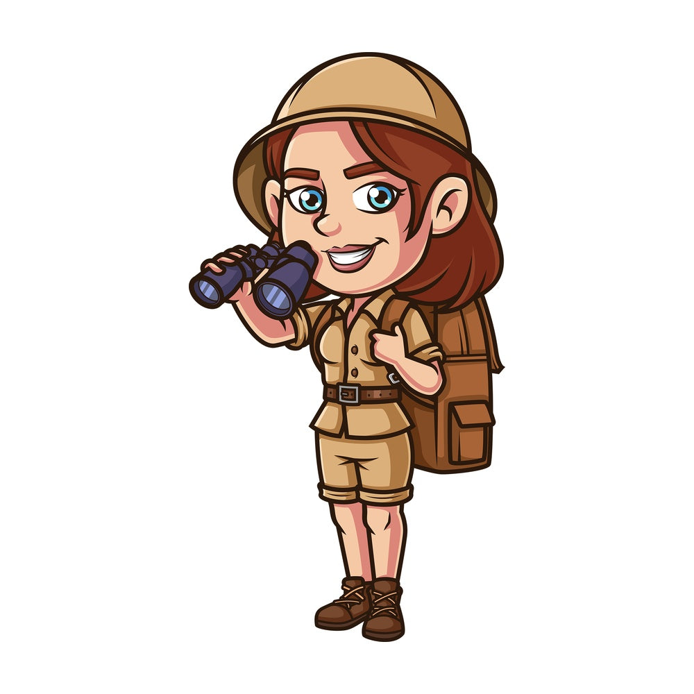 Female safari explorer with binoculars. PNG - JPG and vector EPS (infinitely scalable).