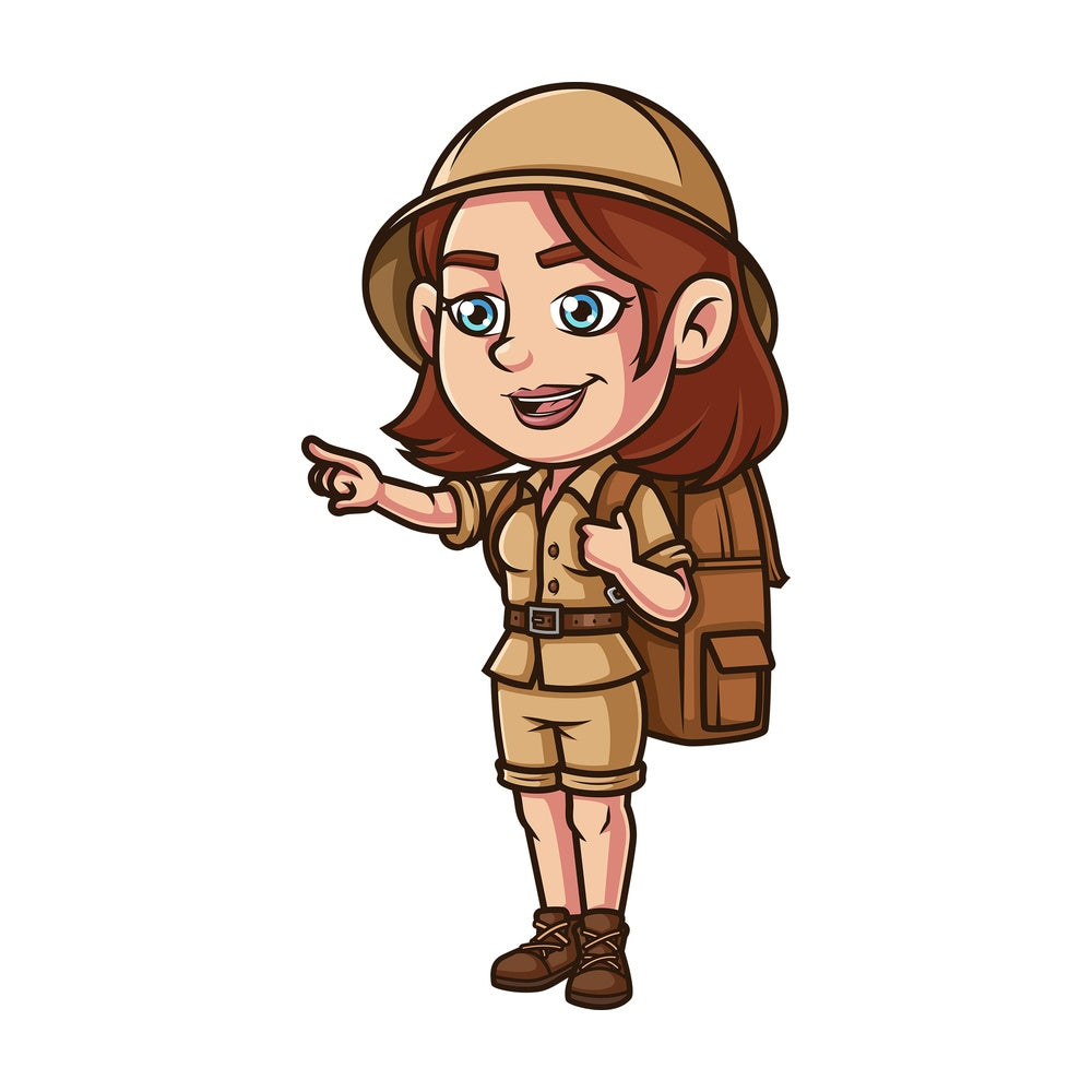 Female explorer pointing somewhere. PNG - JPG and vector EPS (infinitely scalable).