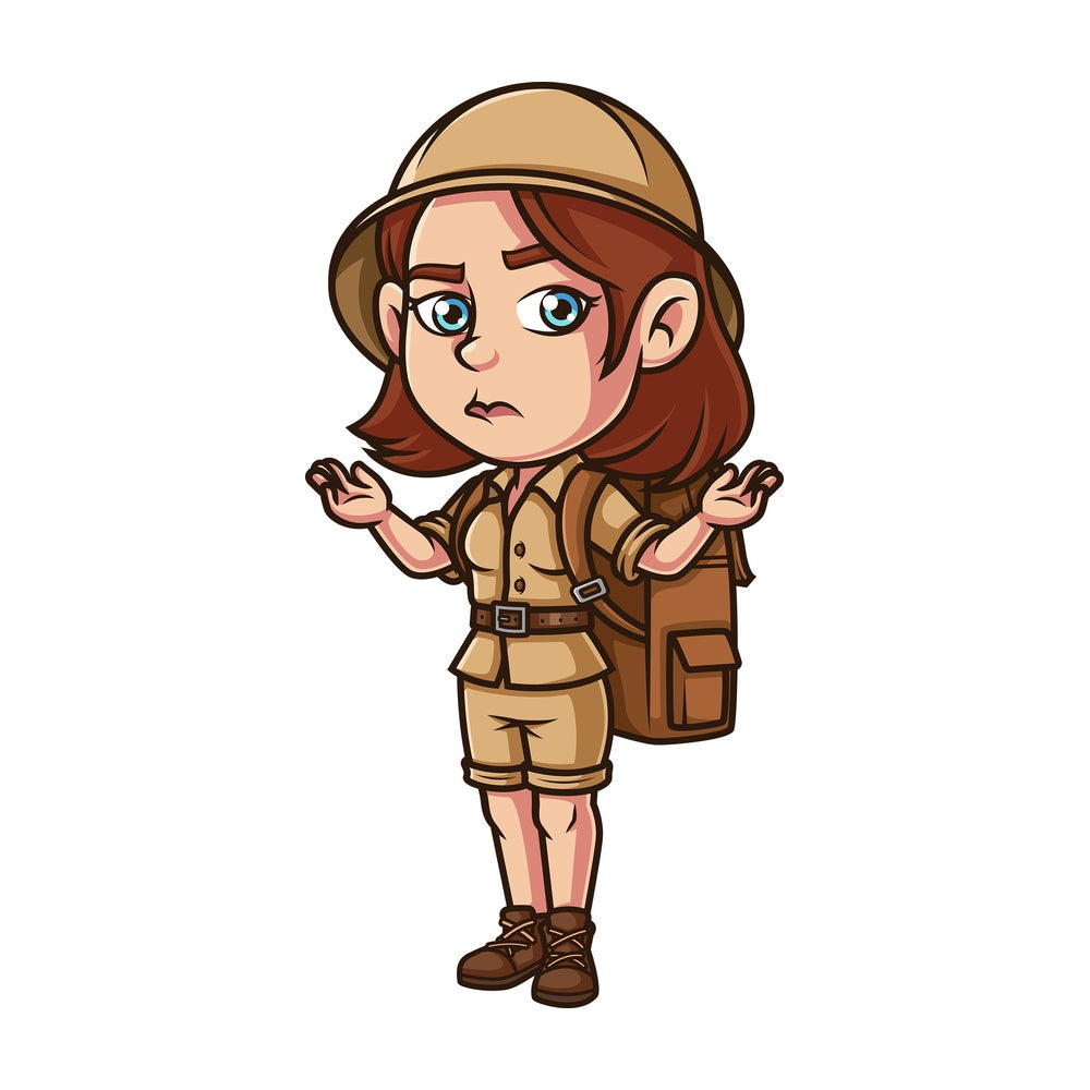 Female safari explorer shrugging. PNG - JPG and vector EPS (infinitely scalable).