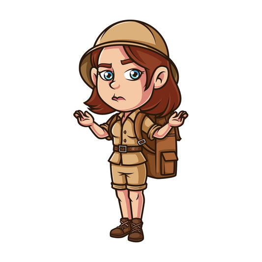 Female safari explorer shrugging. PNG - JPG and vector EPS (infinitely scalable).