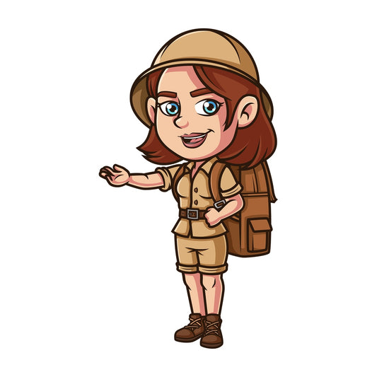 Female explorer presenting. PNG - JPG and vector EPS (infinitely scalable).