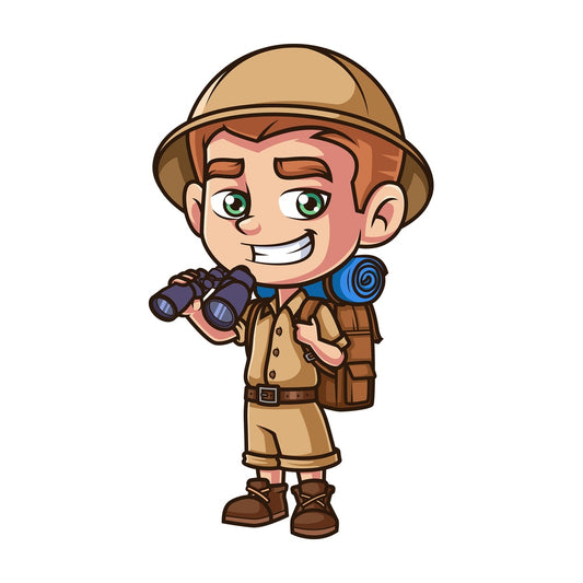 Child explorer holding binoculars. PNG - JPG and vector EPS (infinitely scalable).