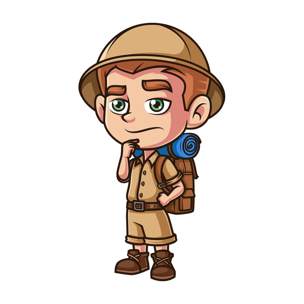 Boy safari explorer thinking. PNG - JPG and vector EPS (infinitely scalable).
