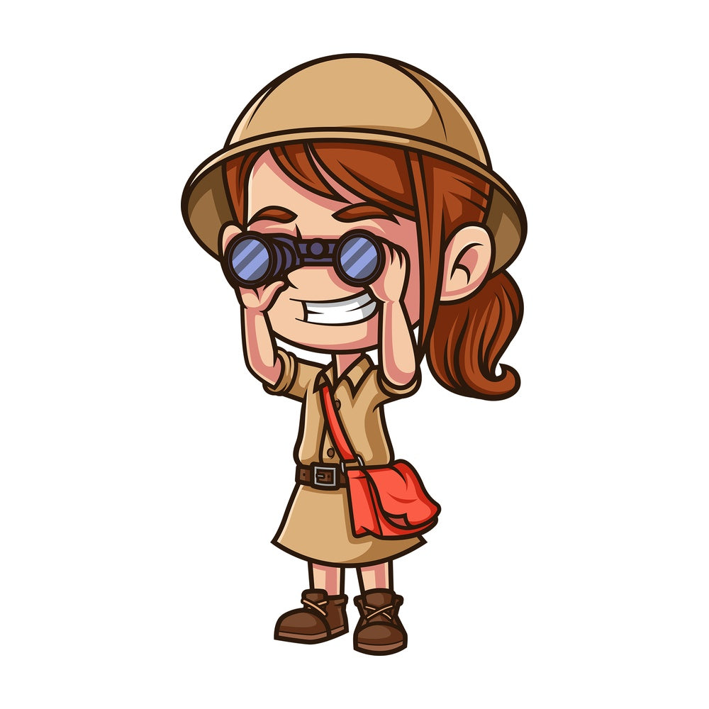 Little girl explorer using binoculars. PNG - JPG and vector EPS (infinitely scalable).