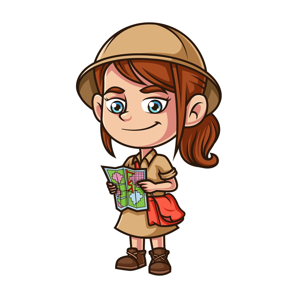 Little girl explorer holding map. PNG - JPG and vector EPS (infinitely scalable).