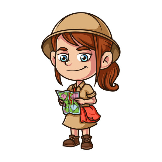 Little girl explorer holding map. PNG - JPG and vector EPS (infinitely scalable).