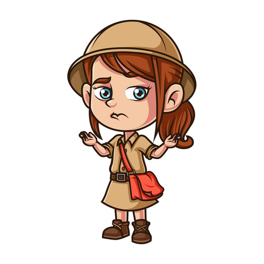 Little girl explorer shrugging. PNG - JPG and vector EPS (infinitely scalable).