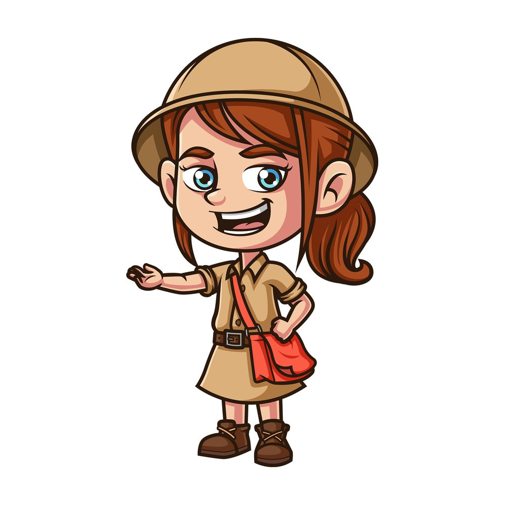 Girl explorer giving presentation. PNG - JPG and vector EPS (infinitely scalable).